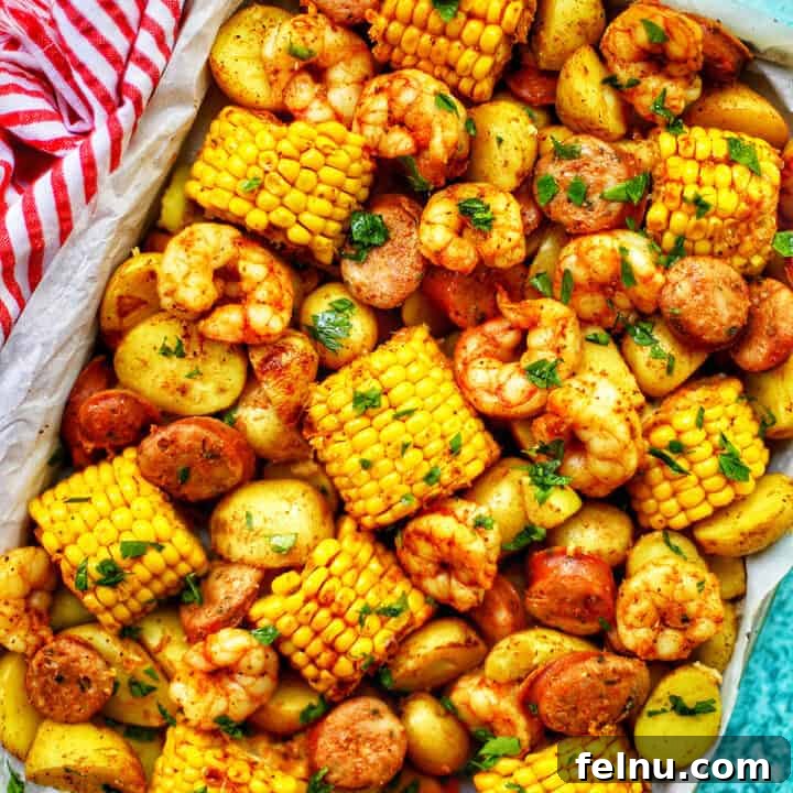 seafood boil with shrimp and corn.