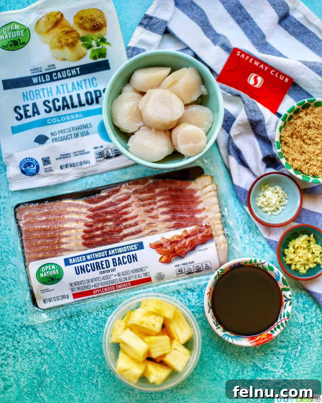 Bacon Bliss Teriyaki Scallops 3 Ingredients for making grilled bacon-wrapped scallop skewers