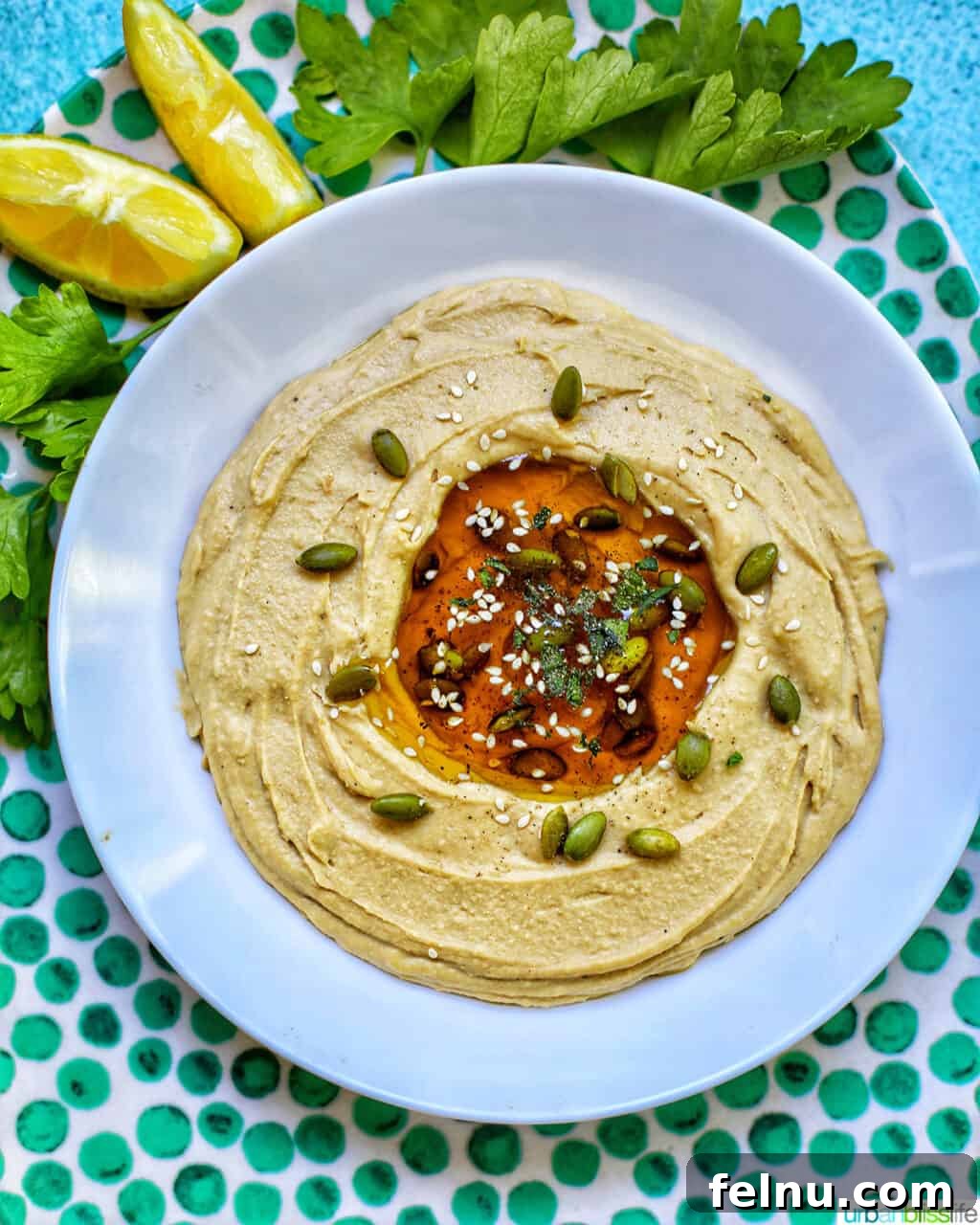Homemade Hummus in a White Bowl with Lemon Slices