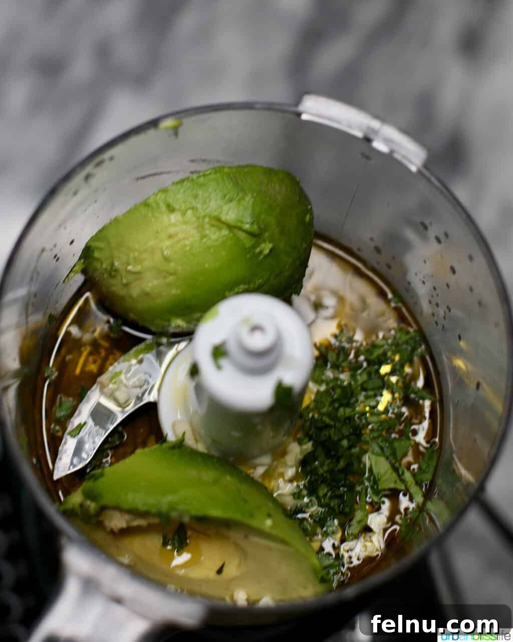 Avocados, cilantro, lime juice, olive oil, and garlic cloves in a food processor, ready to be blended into a creamy sauce.