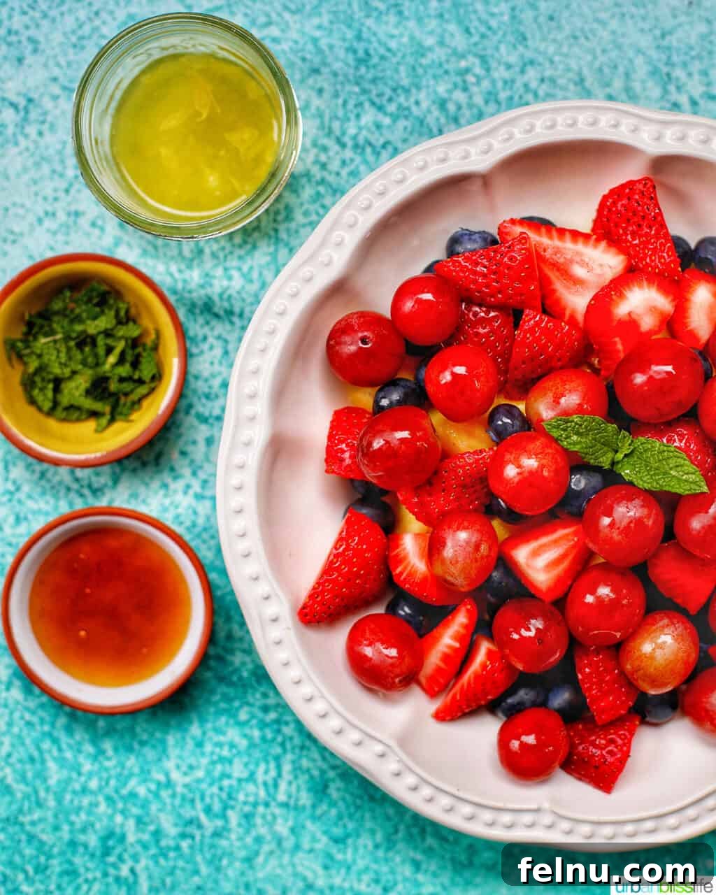Making simple fruit salad with bowls of ingredients