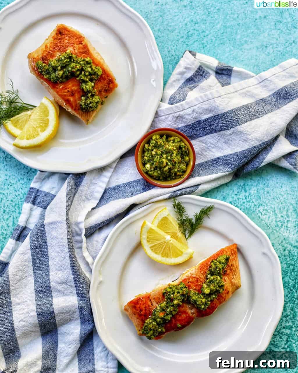 Pan-Fried Salmon with Toasted Almond and Basil Pesto 4 Pan-Seared Salmon with Almond Basil Pesto - Two Plates