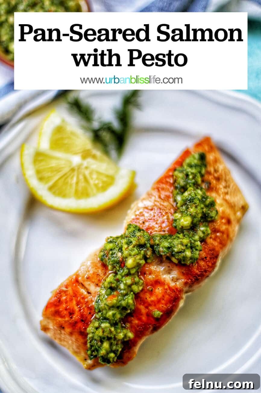 Pan-Fried Salmon with Toasted Almond and Basil Pesto 8 Pan-Seared Salmon with Pesto and Text Overlay