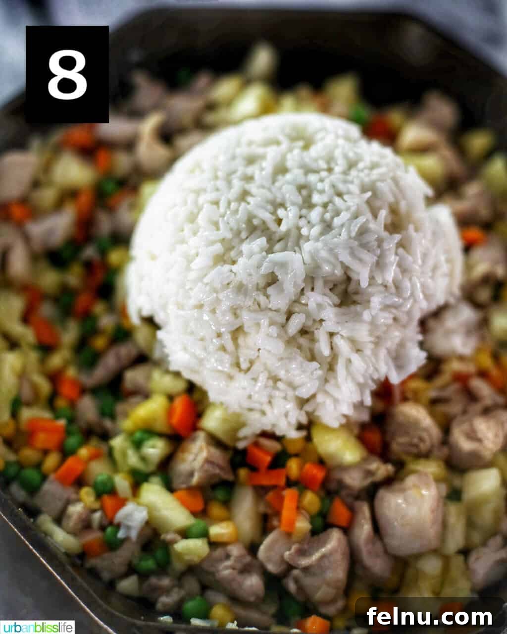 Pineapple Paradise Chicken Fried Rice 13 rice on top of fried rice meat and veggies
