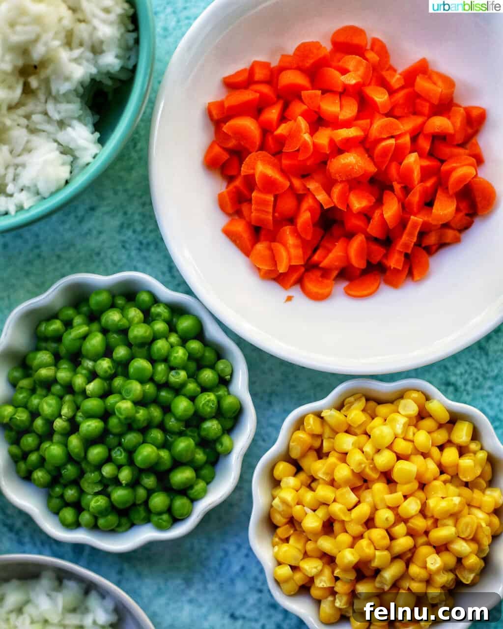 Pineapple Paradise Chicken Fried Rice 4 bowls of carrots peas and corn