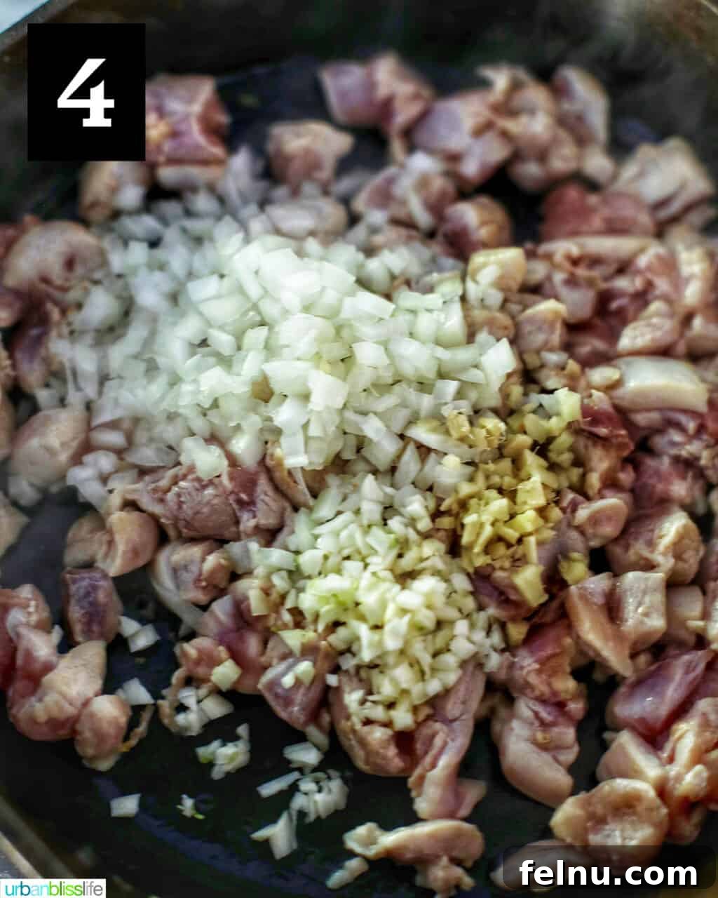 Pineapple Paradise Chicken Fried Rice 9 aromatics cooking with chicken in pan