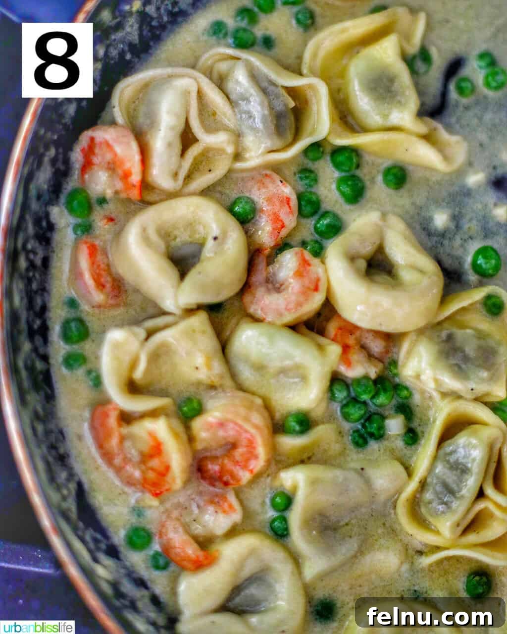 Savory Shrimp & Tortellini Dairy-Free Delight 12 Dairy-Free Shrimp Tortellini with Peas in a pan