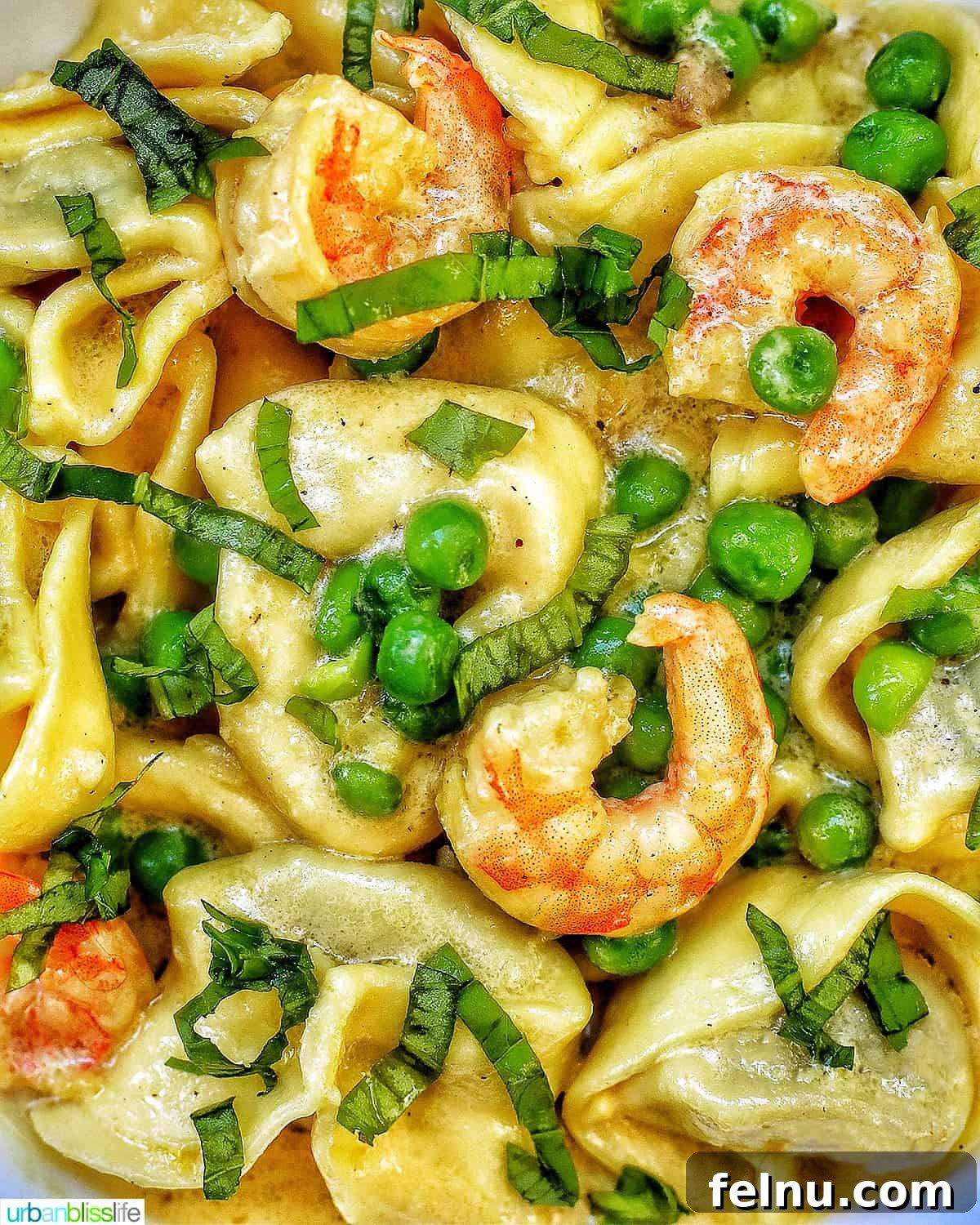 Savory Shrimp & Tortellini Dairy-Free Delight 3 closeup of Dairy-Free Shrimp Tortellini with Peas