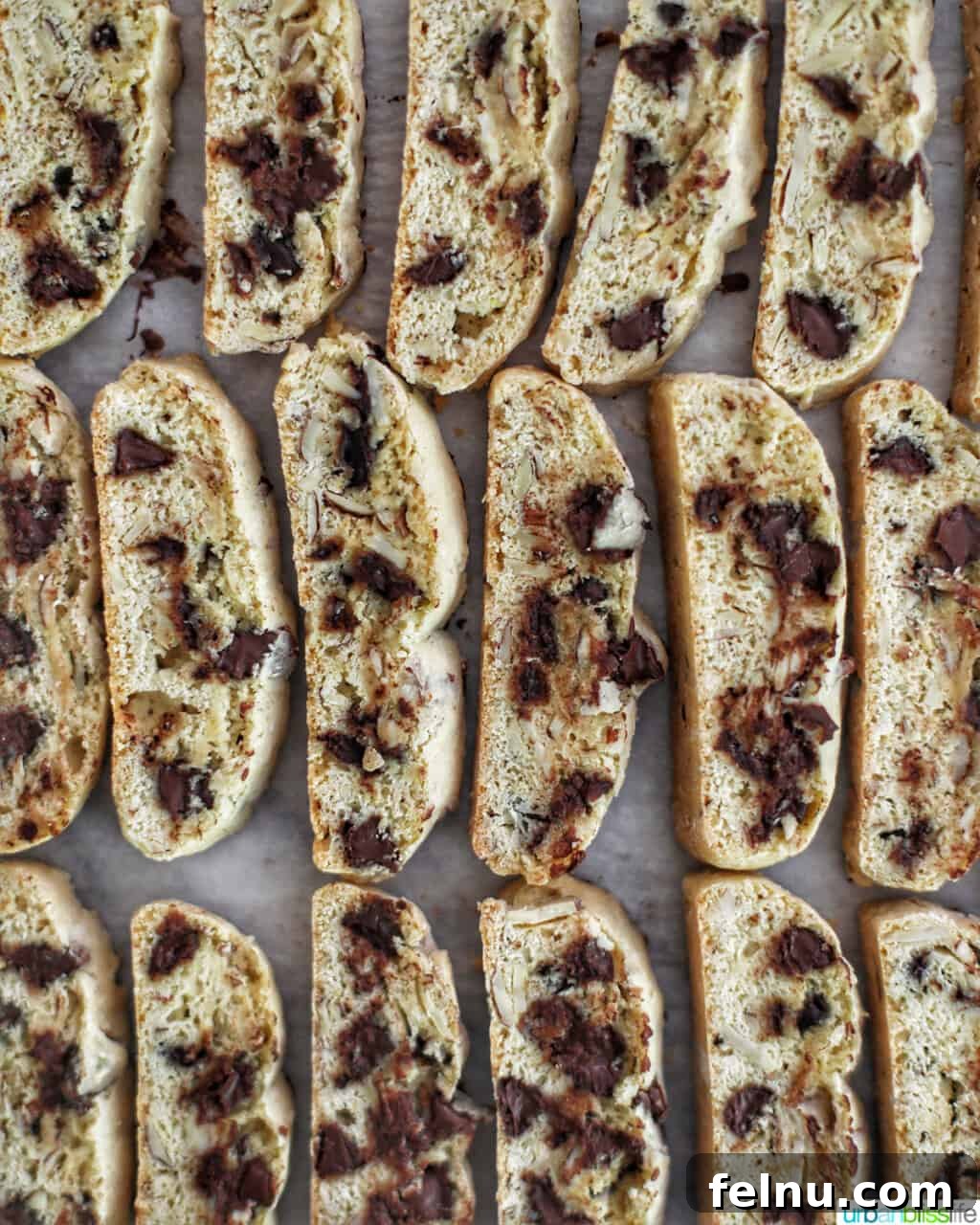 Toasted Almond Chocolate Chip Biscotti 13 sliced chocolate chip almond biscotti placed on a baking sheet for second bake