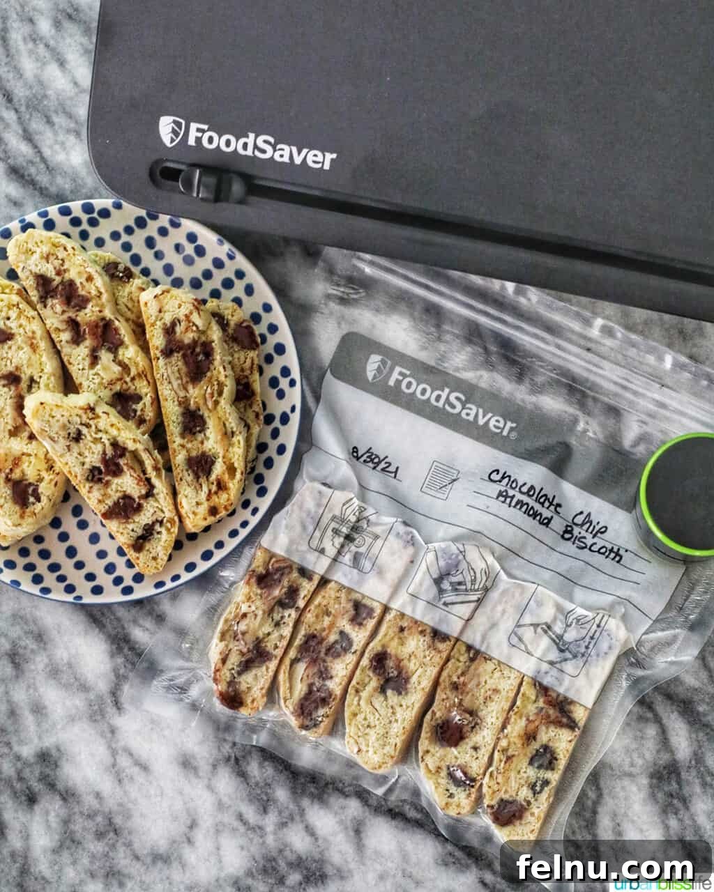 Toasted Almond Chocolate Chip Biscotti 16 chocolate chip almond biscotti stored in clear, airtight bags