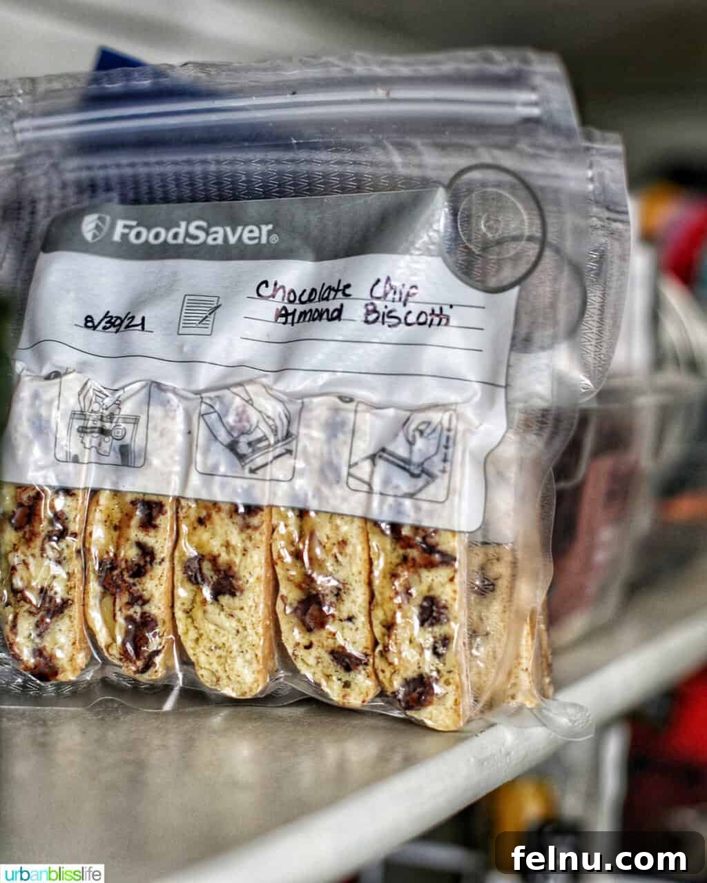 Toasted Almond Chocolate Chip Biscotti 17 vacuum-sealed biscotti bags neatly organized in a pantry