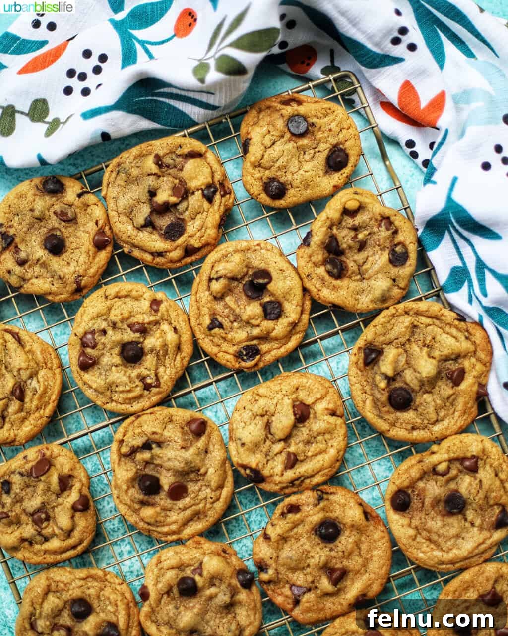 Golden Brown Butter Espresso Chocolate Chip Cookies 14 Cooling rack filled with freshly baked chocolate chip espresso cookies