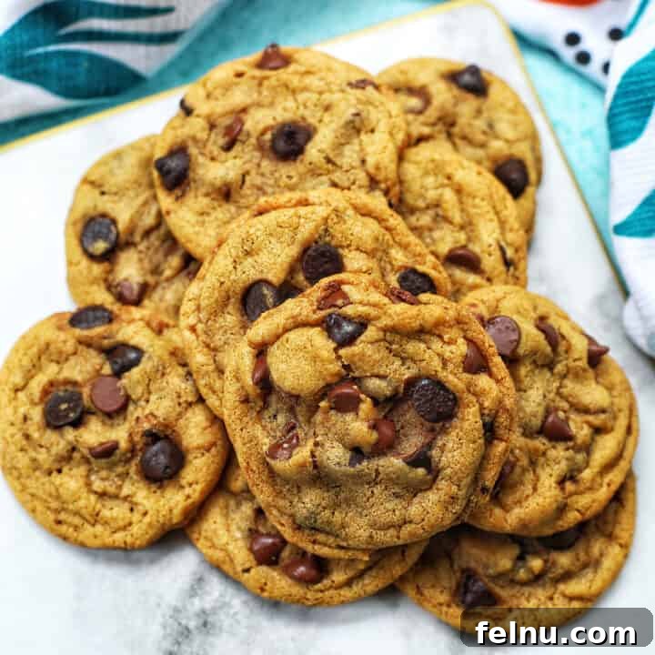 Delicious brown butter espresso chocolate chip cookies stacked up