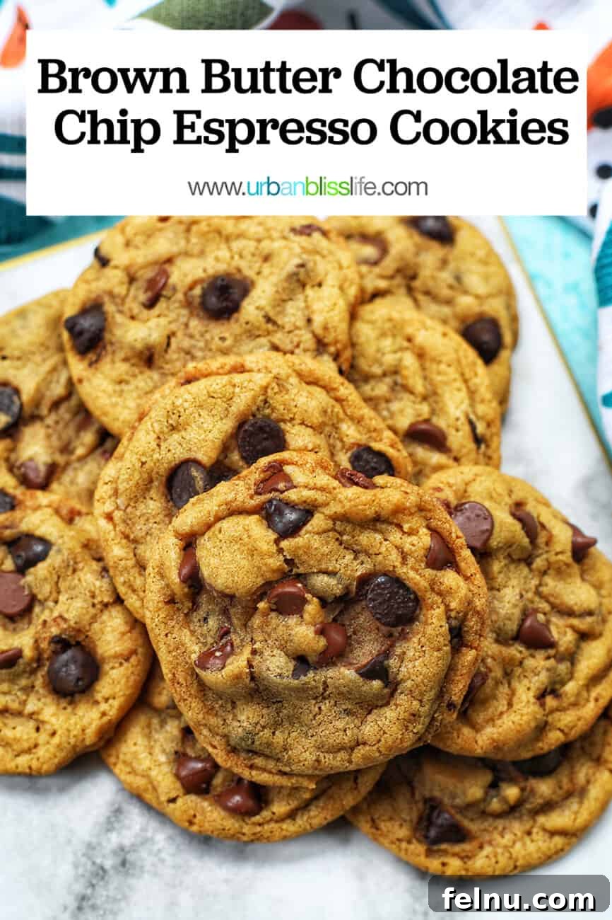 Golden Brown Butter Espresso Chocolate Chip Cookies 16 Delicious brown butter chocolate chip espresso cookie dough with text overlay for Pinterest