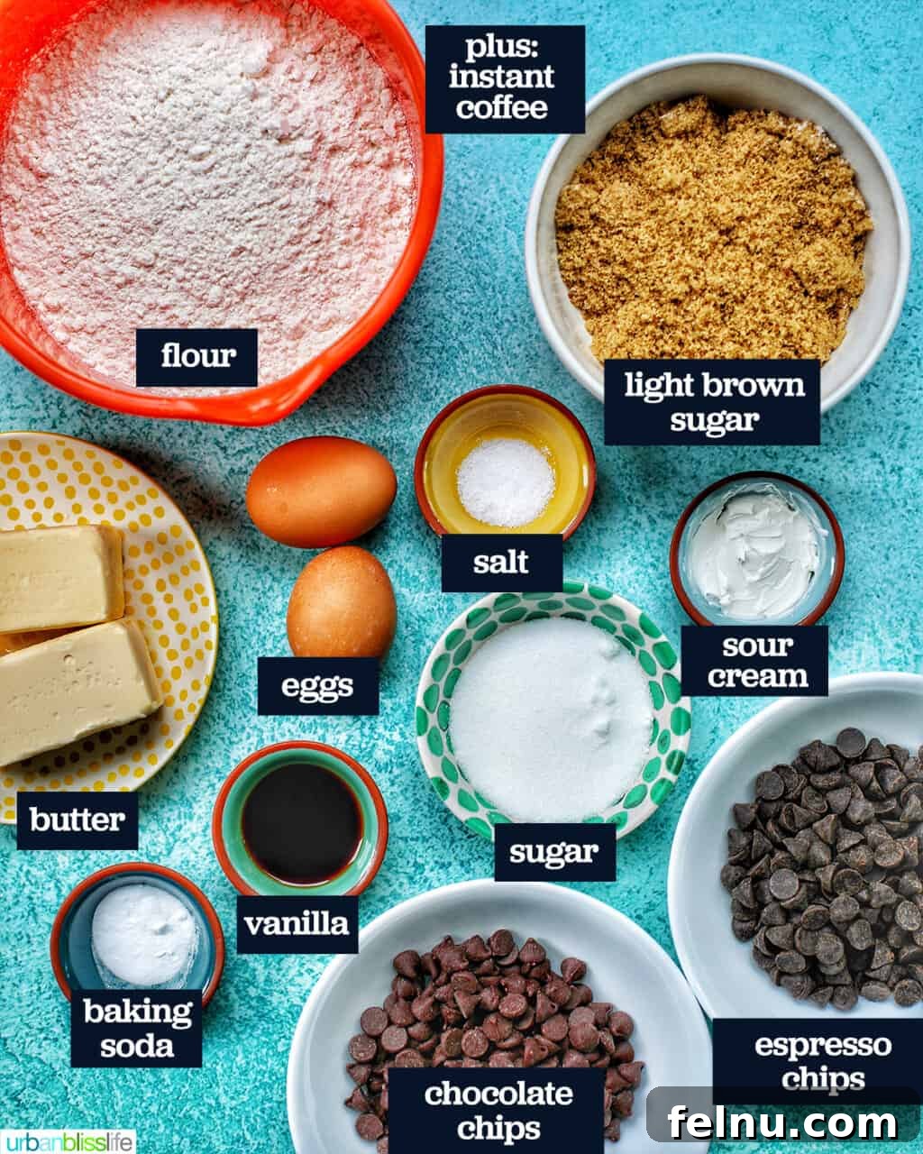 Golden Brown Butter Espresso Chocolate Chip Cookies 3 Ingredients laid out for making brown butter chocolate chip espresso cookies, including butter, flour, sugar, eggs, and chocolate chips