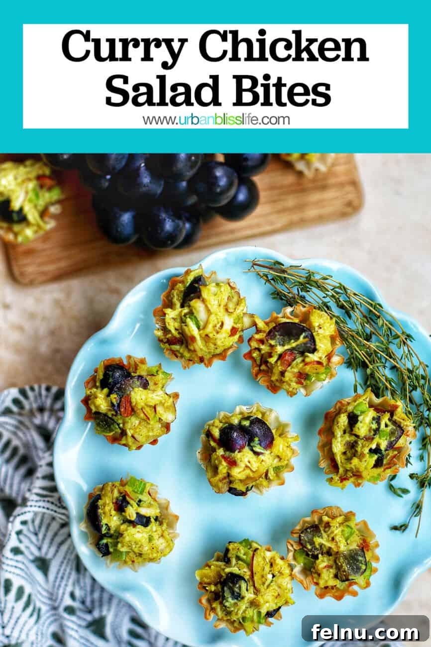 Golden Curry Chicken Salad with Grapes 13 Curry Chicken Salad Bites arranged on a blue plate with a decorative text overlay, perfect for pinning.