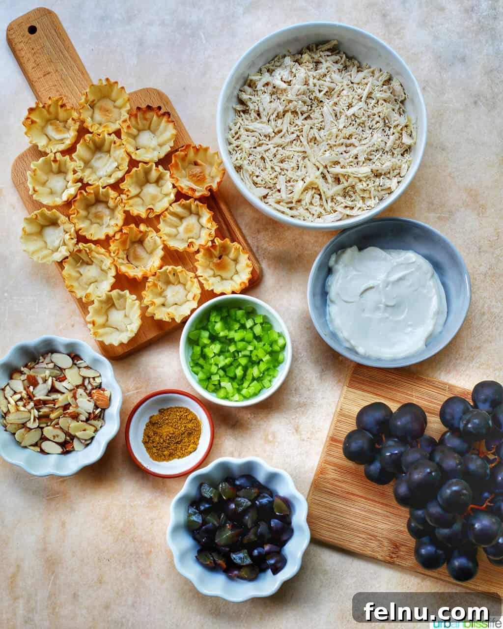 Golden Curry Chicken Salad with Grapes 4 A vibrant display of fresh ingredients laid out on a wooden cutting board, including shredded chicken, colorful grapes, sliced almonds, celery, a bowl of mayonnaise, and a spoon of curry powder, ready to make a delicious curry chicken salad.