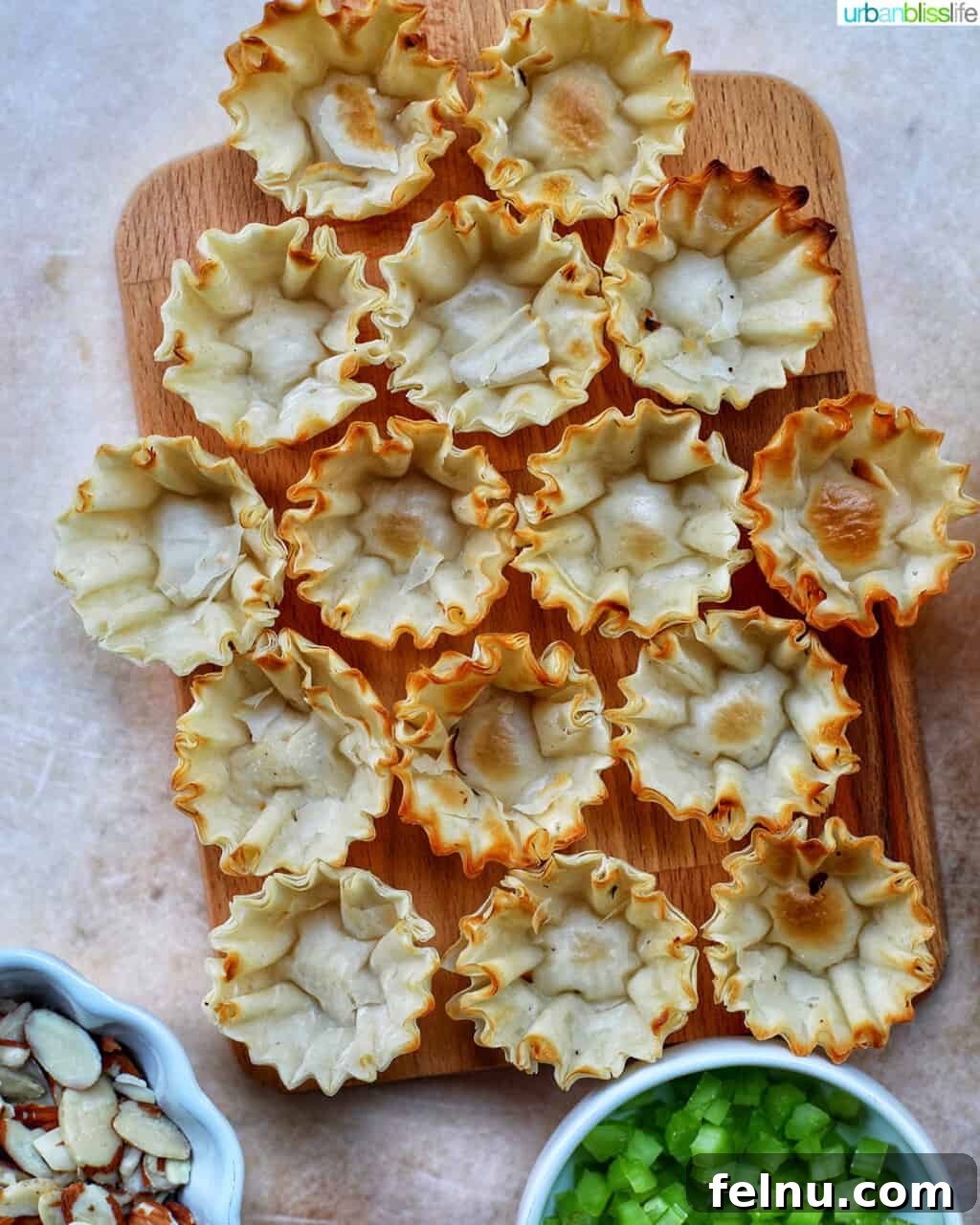 Golden Curry Chicken Salad with Grapes 7 An open package of golden, pre-baked phyllo dough shells, showcasing their delicate and crispy texture, ready for filling.