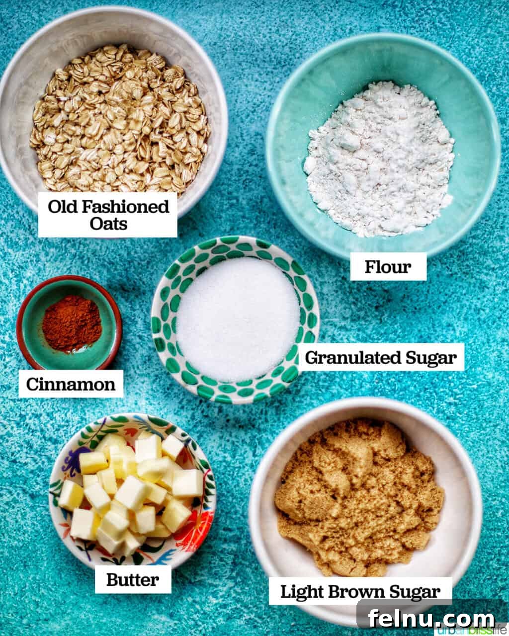 Autumn Spice Cheesecake Squares 7 Ingredients for the Streusel Topping: oats, flour, cinnamon, sugar, brown sugar, and cold butter.