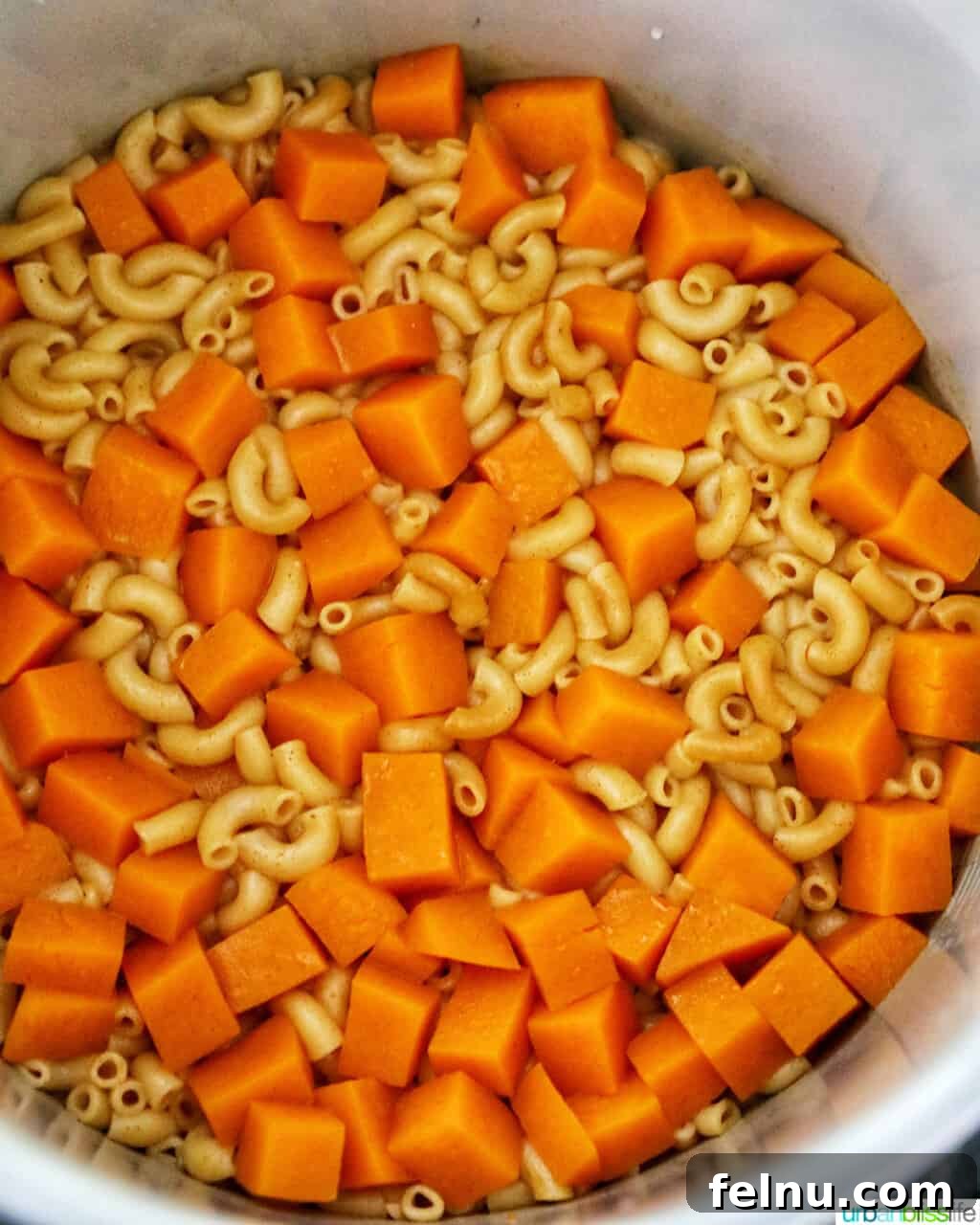 Savory Butternut Instant Pot Mac and Cheese 13 Freshly pressure cooked butternut squash mac and cheese, still in the pot, before final mixing.