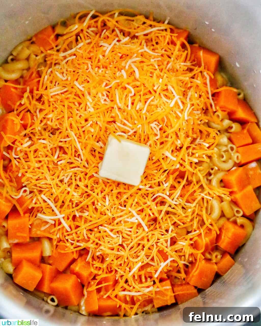 Savory Butternut Instant Pot Mac and Cheese 15 A knob of unsalted butter being added to the pressure cooked butternut squash mac and cheese for richness.