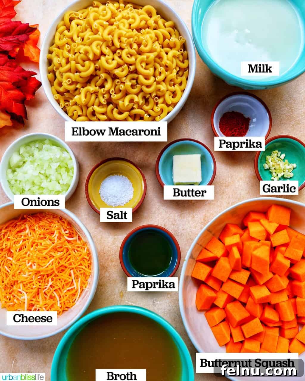 Savory Butternut Instant Pot Mac and Cheese 3 Essential ingredients laid out for making Instant Pot butternut squash mac and cheese: pasta, butternut squash, onions, garlic, spices, broth, milk, and cheese.