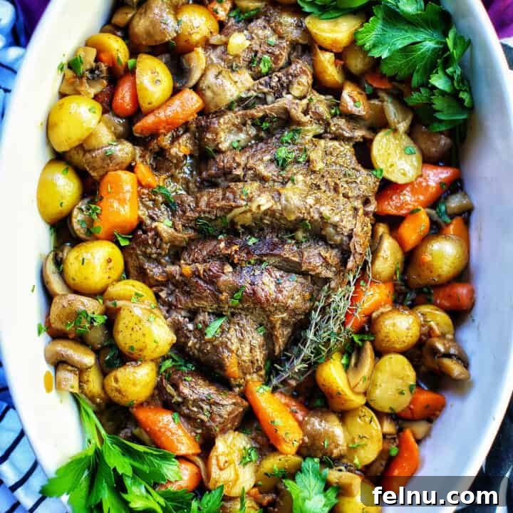 dutch oven pot roast with potatoes and carrots.