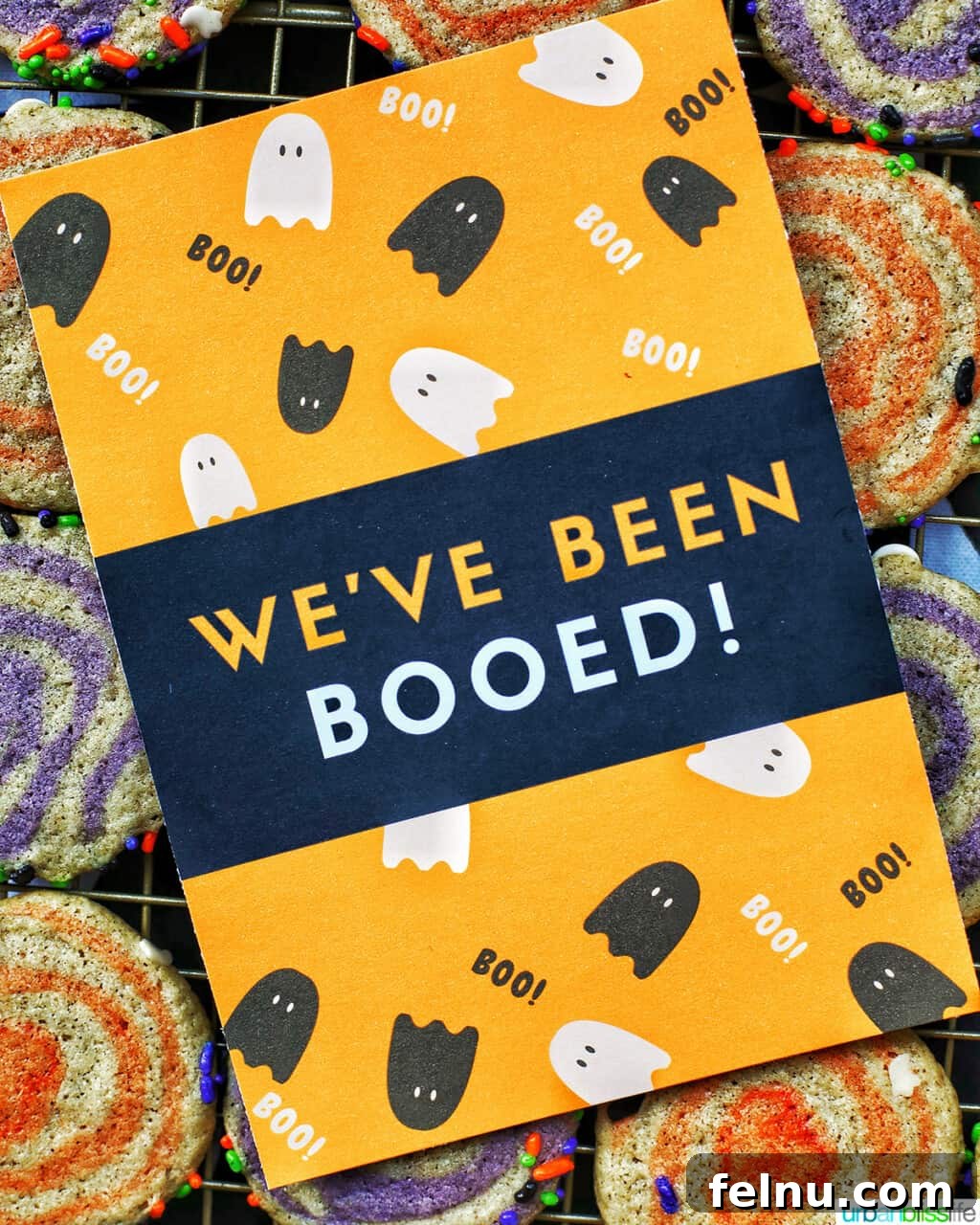 Close-up of a 'We've Been Booed' printable sign, perfect for displaying on a door or window after receiving a treat.