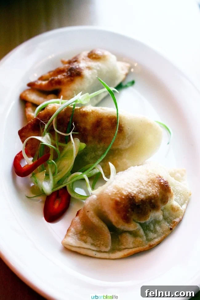 Portland, Oregon: A Food Lover's Paradise 32 Pork and Cabbage Pot Stickers on a plate, showcasing the restaurant's focus on authentic Asian flavors and delicious shareable dishes.