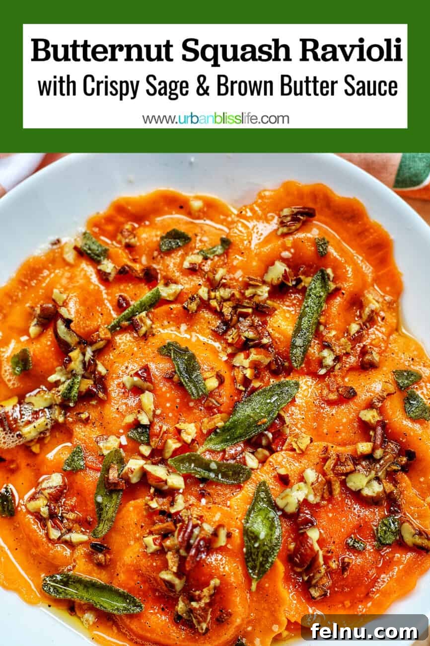 A beautifully arranged plate of Butternut Squash Ravioli with Crispy Sage and Brown Butter Sauce, featuring text overlay for easy pinning.
