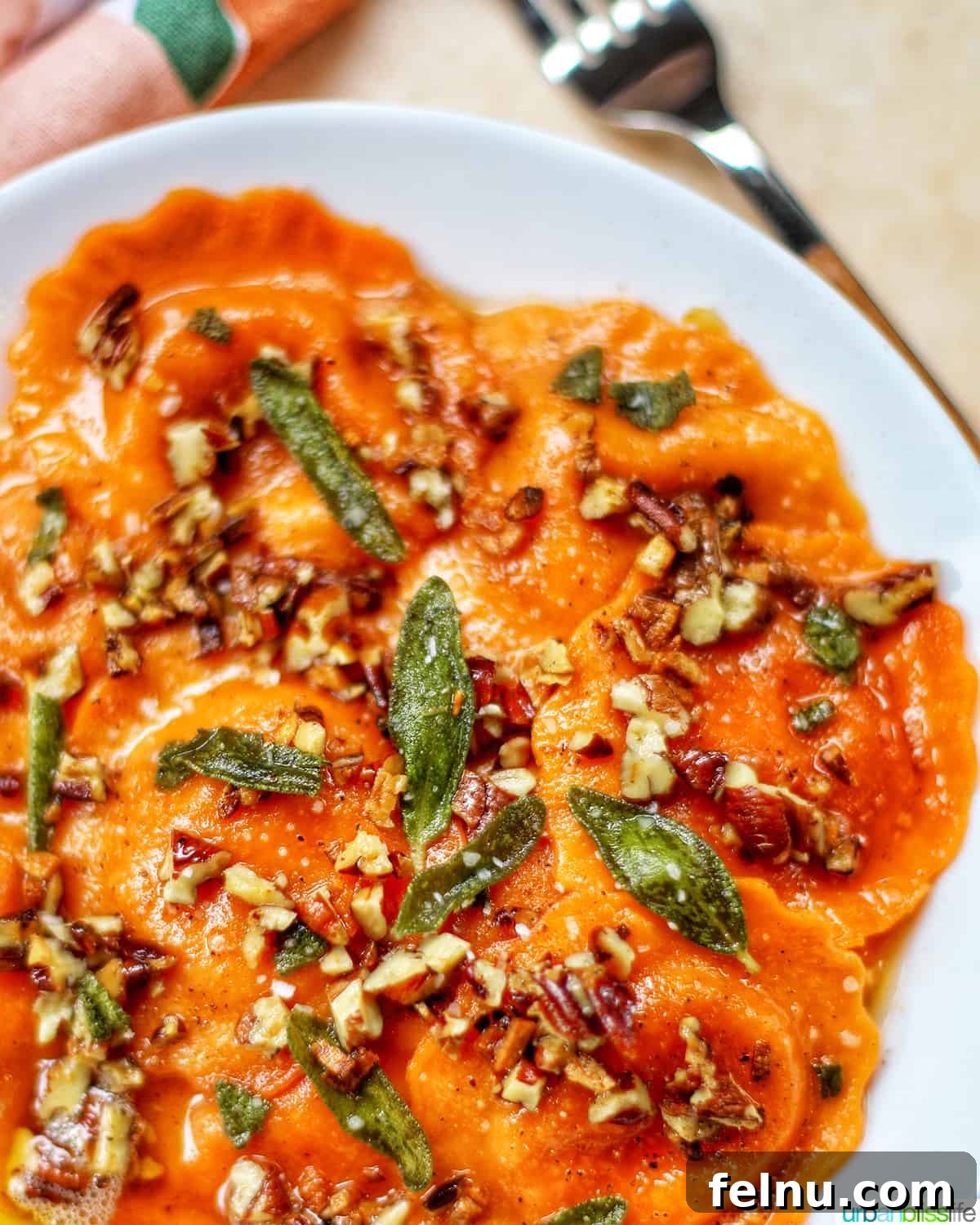 A side view of a bowl of Butternut Squash Ravioli with Crispy Sage and Brown Butter Sauce.