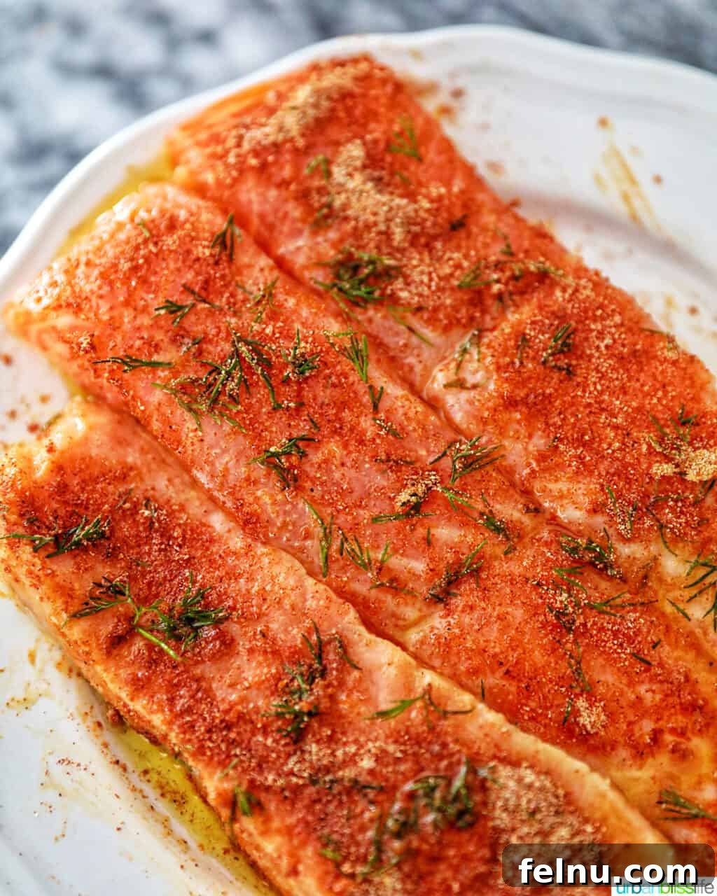 Perfect Air Fryer Salmon Every Time 10 A perfectly seasoned salmon fillet ready for air frying.