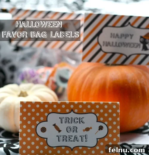 Halloween2012_favorbaglabels Large collage showcasing a complete collection of various Halloween Favor Bag Labels, available as a free printable by Urban Bliss, featuring diverse spooky-cute designs like pumpkins, ghosts, and bats