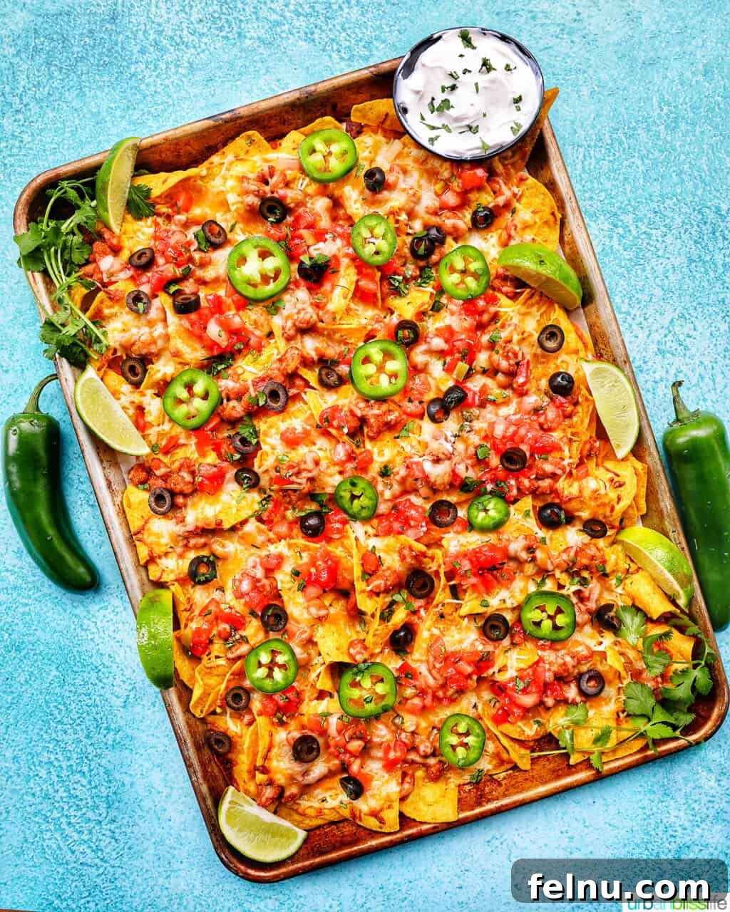 One-Pan Veggie Tex-Mex Nacho Fiesta 4 Full Sheet Pan Tex Mex Vegetarian Nachos with fresh jalapenos and a dollop of sour cream