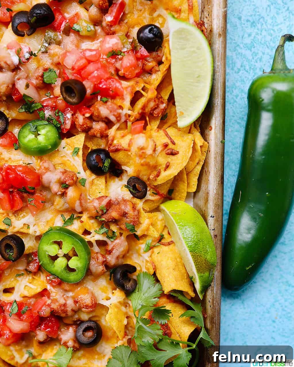One-Pan Veggie Tex-Mex Nacho Fiesta 5 Tex-Mex vegetarian nachos with a prominent jalapeno slice, showcasing the vibrant toppings
