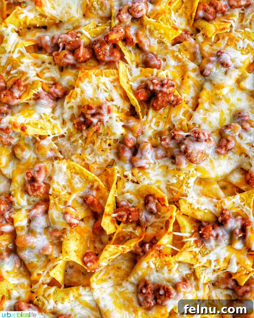 One-Pan Veggie Tex-Mex Nacho Fiesta 10 Closeup of baked sheet pan vegetarian nachos fresh out of the oven, without final toppings