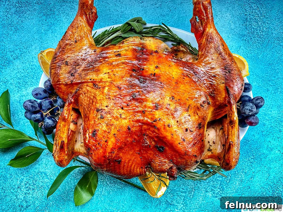 Spatchcock turkey with herbs, grapes, and lemon slices on blue background.