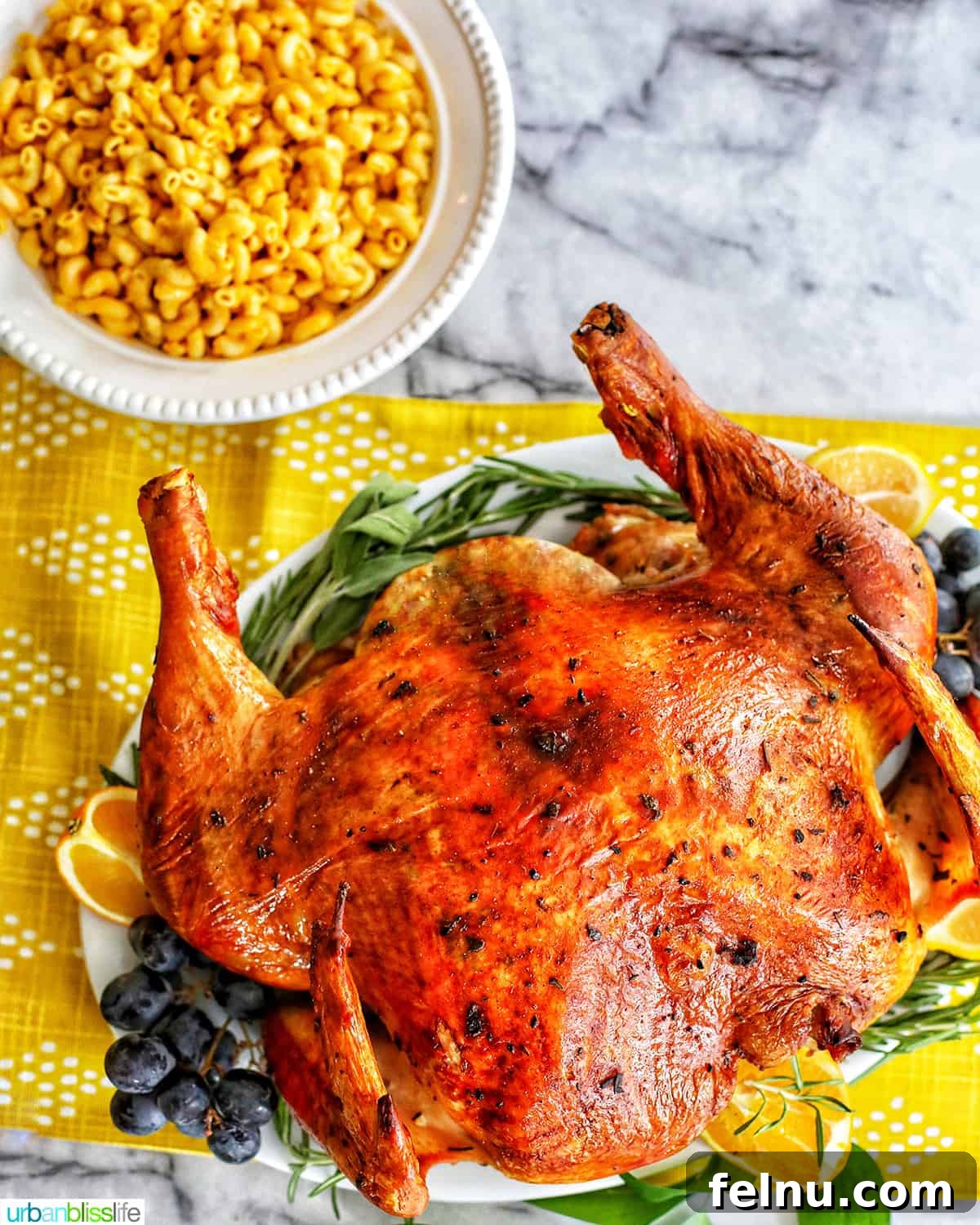 Spatchcock turkey with herbs, grapes, and lemons, served with mac and cheese for Thanksgiving.