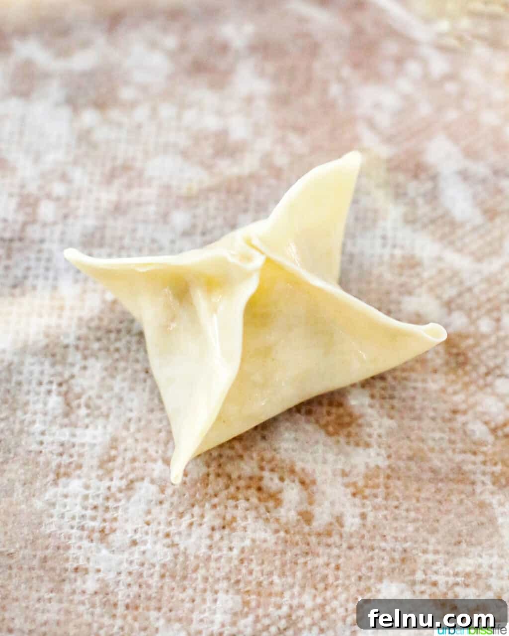Perfectly Crispy Air Fryer Crab Rangoon 13 A single shaped air fryer crab rangoon, folded into a pyramid