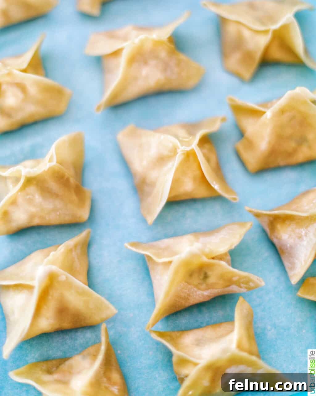Perfectly Crispy Air Fryer Crab Rangoon 14 Air fryer crab rangoons ready to cook, arranged on a tray