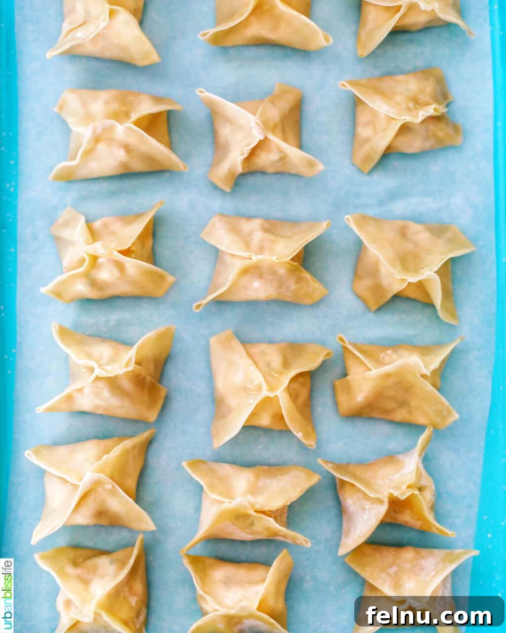 Perfectly Crispy Air Fryer Crab Rangoon 15 Air fryer crab rangoons shaped and ready on a blue tray