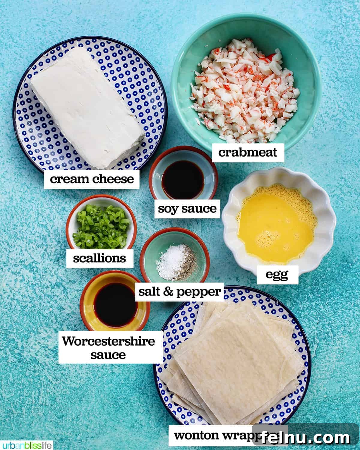 Perfectly Crispy Air Fryer Crab Rangoon 4 Ingredients laid out to make air fryer crab rangoon