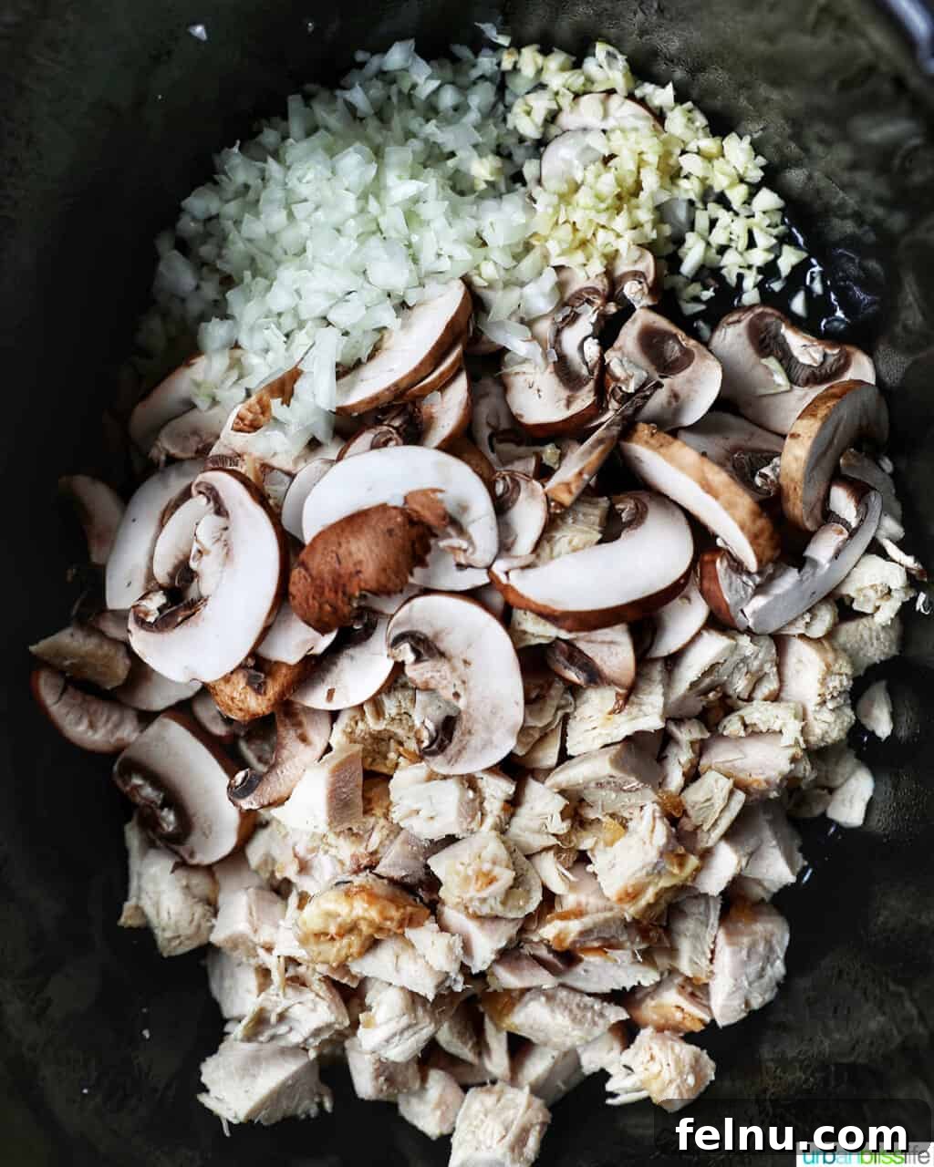 Slow-Cooker Turkey Tetrazzini Delight 7 Mushrooms, onions, turkey, and garlic in crockpot