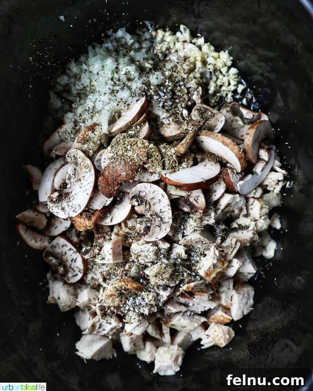 Slow-Cooker Turkey Tetrazzini Delight 8 Turkey, mushrooms, onions, garlic, and herbs in crockpot
