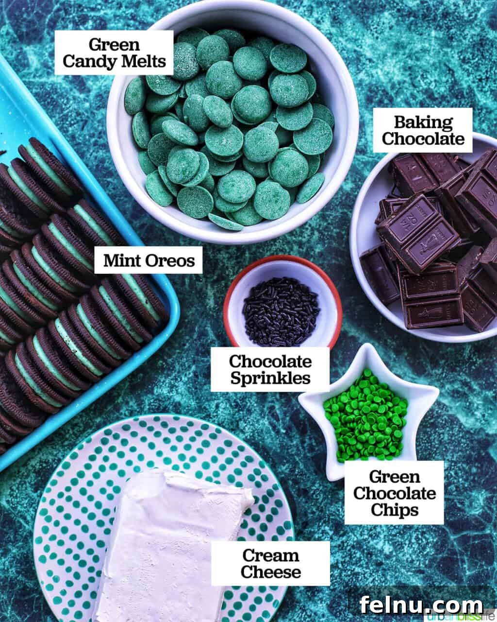 Mint Oreo Bliss Bites 5 Ingredients needed to make Mint Oreo Truffles.