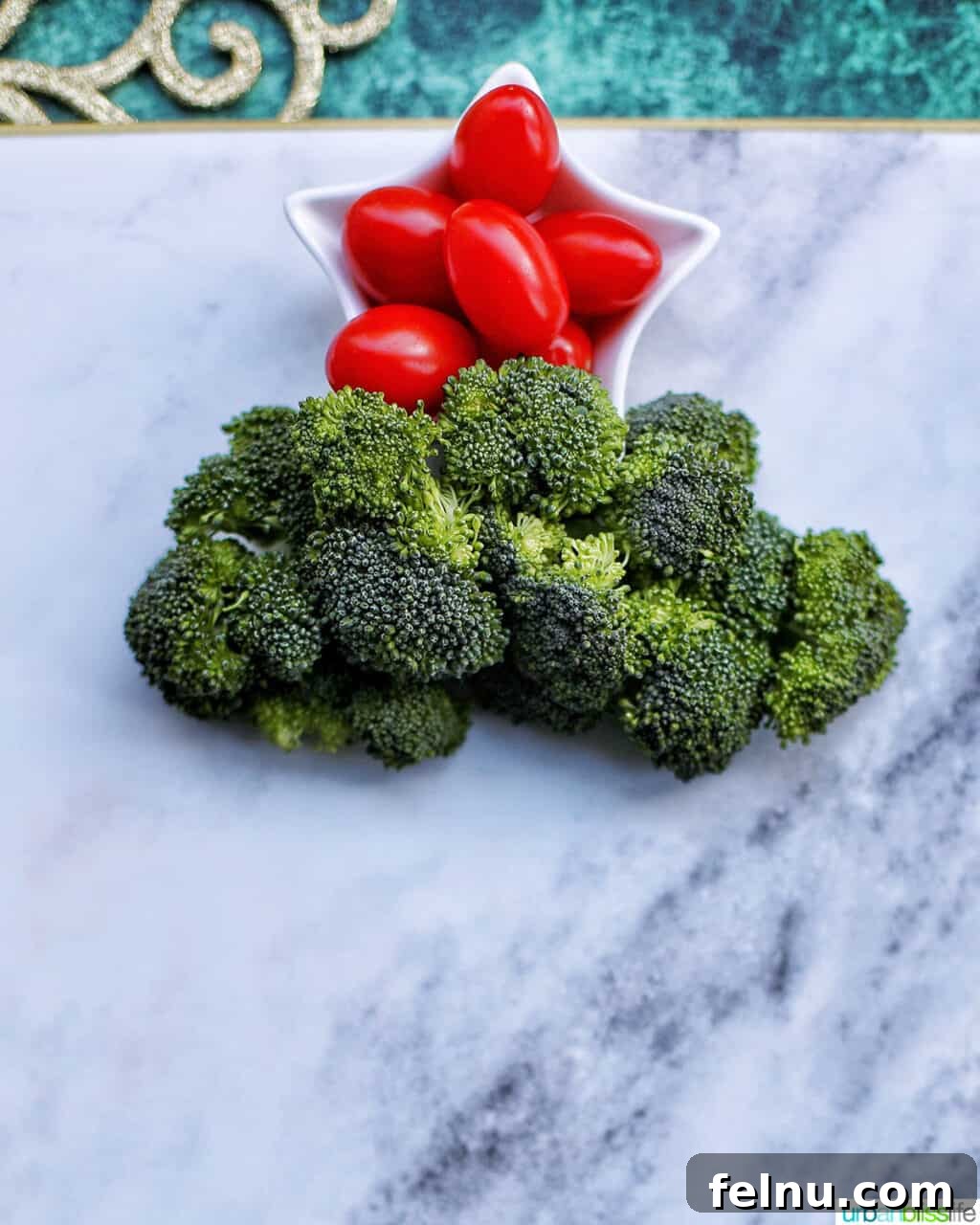 Christmas Tree Vegetable Platter 5 Tomatoes and broccoli arranged on the veggie tray