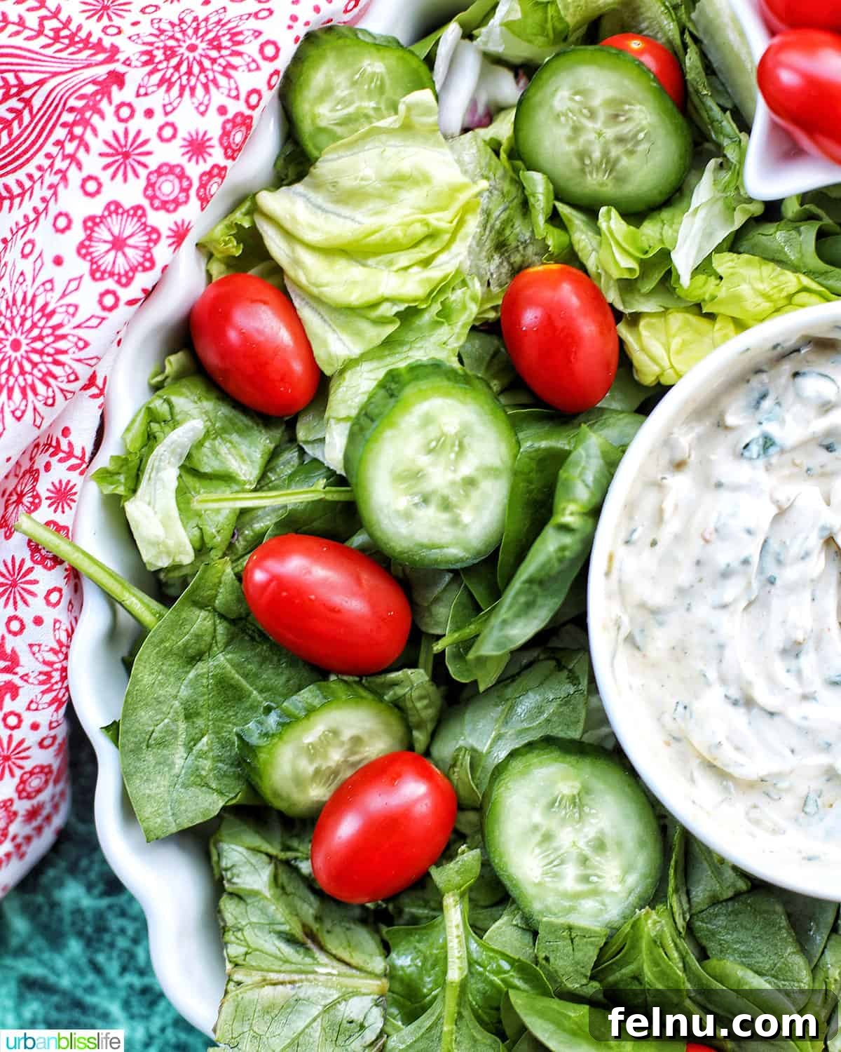 Dairy-Free Christmas Wreath Salad with Creamy Ranch 4 Side photo of Christmas Salad Wreath with dairy-free spinach dip