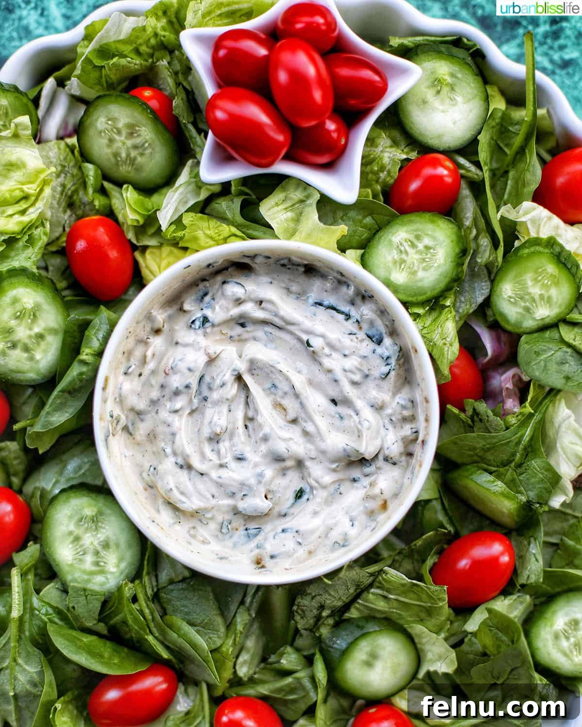 Dairy-Free Christmas Wreath Salad with Creamy Ranch 7 Closeup of Christmas salad wreath with dairy-free spinach dip