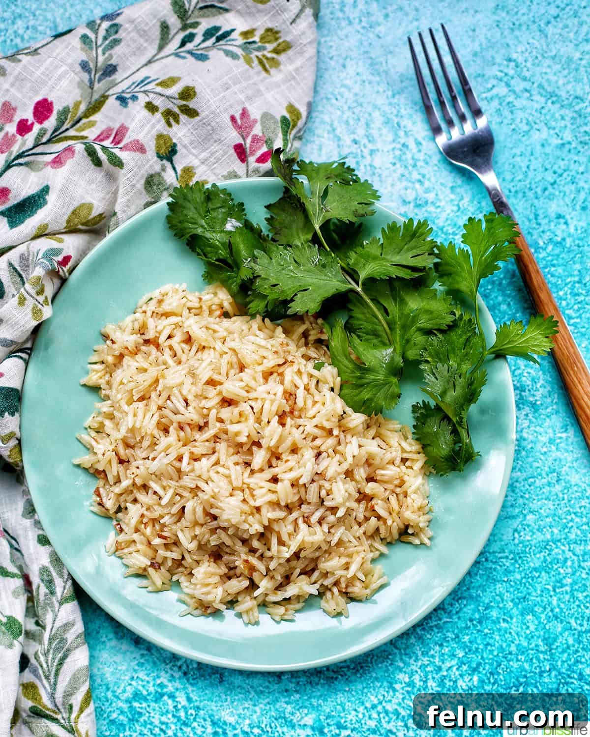 Flavorful Instant Pot Garlic Rice 12 plate of instant pot garlic rice with herbs, a fork, colorful napkin, on a bright blue table.