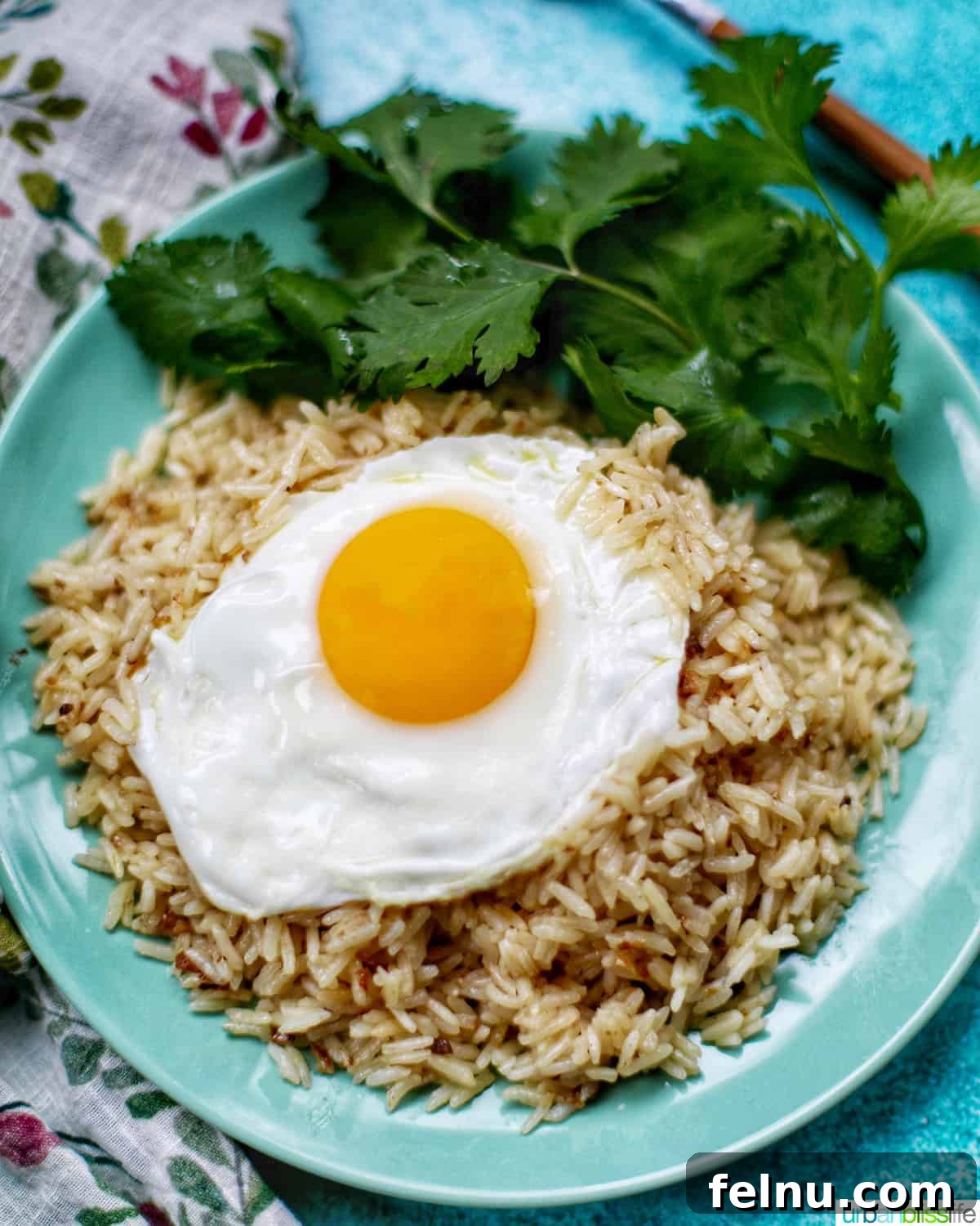 Flavorful Instant Pot Garlic Rice 3 instant pot garlic rice with a side of green herbs on green plate and colorful napkin topped with fried egg.
